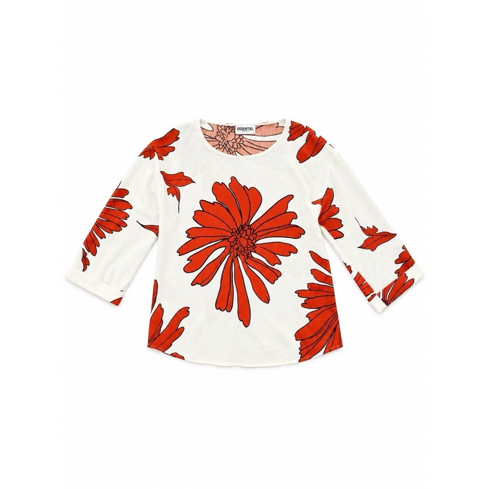 Essentiel Antwerp Ivory Red Floral Blouse Retro Mod 3/4 Sleeve Top Size S